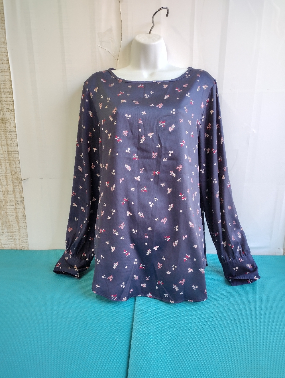 Chaps Womens Floral Print Long Sleeve Silky Blouse Top Navy - L